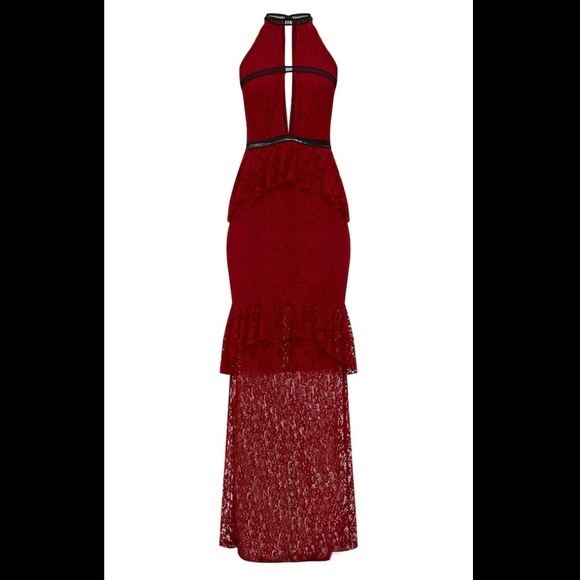 Burgundy Lace Ruffle Detail Plunge Long Dress - Picture 5 of 6